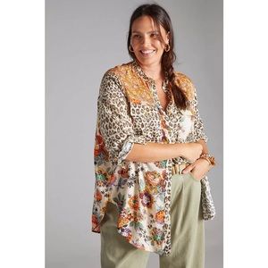 Anthropologie Pilcro Relaxed Tunic Button Down in Leopard & Floral Print